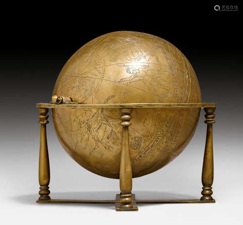 A BRASS SKY GLOBE. Iran, 19th c. H 28 cm (total height). With mount. Minor damage.
