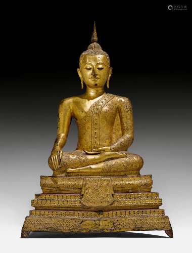 A LACQUERED BRONZE FIGURE OF A SEATED BUDDHA IN THE RATTANAKOSIN STYLE. Thailand, Rattanakosin, ca. mid-20th c. H 88 cm. Ketumala removable.