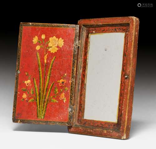 A MIRROR IN A BOX, OF PAPIER MÂCHÉ WITH POLCHROME GUL-U-BUL-BUL DECORATION. Iran, Qajar, 19th c.. H 23.5 cm.