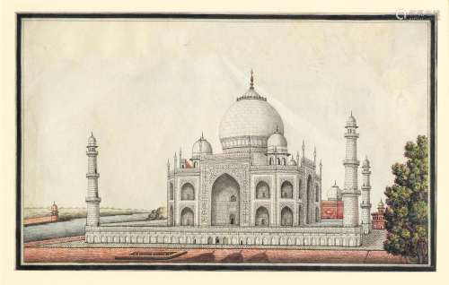 FOUR COMPANY-SCHOOL MINIATURES. India, 19th c. 10.3-16.2x17.2-20.9 cm. Watercolor on paper. A framed view of the Taj Mahal and two unframed. An unframed view of Humayun's Mausoleum. (4)
