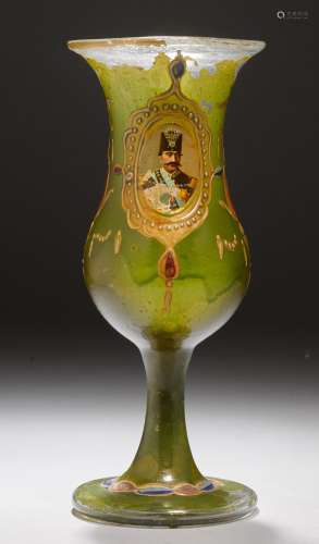 A GILT ENAMELLED GLASS KELCH WITH A PORTRAIT OF NĀSER AL-DĪN SHĀH (1831-1896). Iran, 19th c.. H 22.5 cm. Somewhat rubbed.