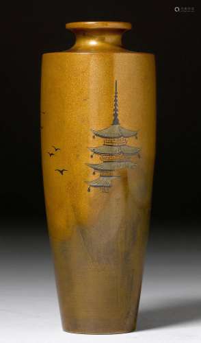 A BRONZE VASE SHOWING A SILVER-AND-GOLD PAGODA AMID PATINATED WHISPS OF FOG. Japan, 19th c. H 16 cm. Mark in the foot.