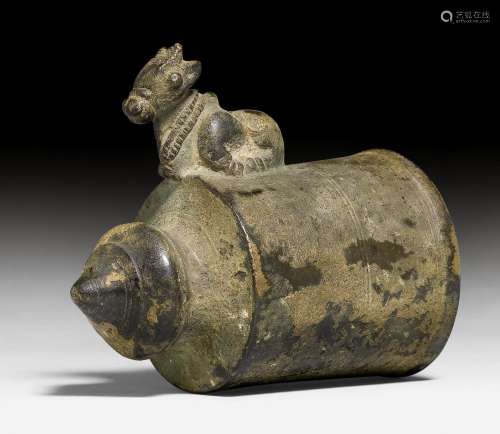 A BRONZE PALANQUIN FINIAL WITH A SMALL NANDI.