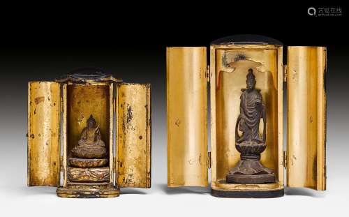 TWO SMALL LACQUERED WOOD ZUSHI (PORTABLE SHRINES) WITH FIGURES OF SHÔ KANNON. Japan, 18th and 19th c. H 14 and 11 cm. One shrine with traces of an inscription. (2)