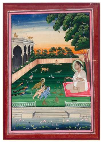 A MINIATURE OF VALLABHACHARYA ON A TERRACE WITH KRISHNA AND BALARAMA. India, Rajasthan, 19th c. 18x19 cm. Pigments and gilding on paper. Framed under glass.
