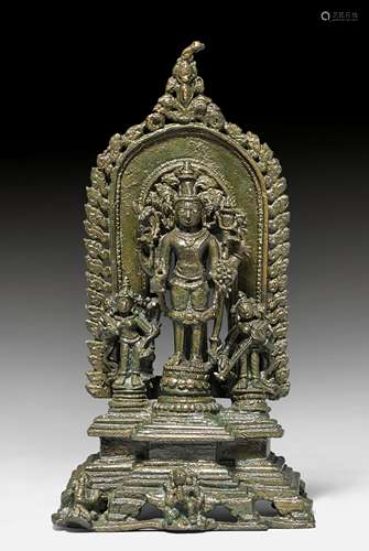 A BRONZE TRIAD OF VISHNU, LAKSHMI AND SARASVATI.