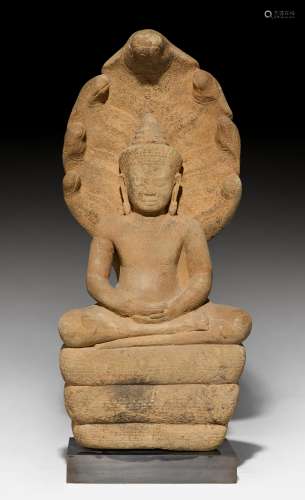 A BUFF SANDSTONE FIGURE OF BUDDHA MUCHALINDA.