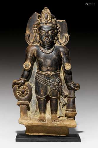 A POLISHED BLACKISH TERRACOTTA FIGURE OF VISHNU.