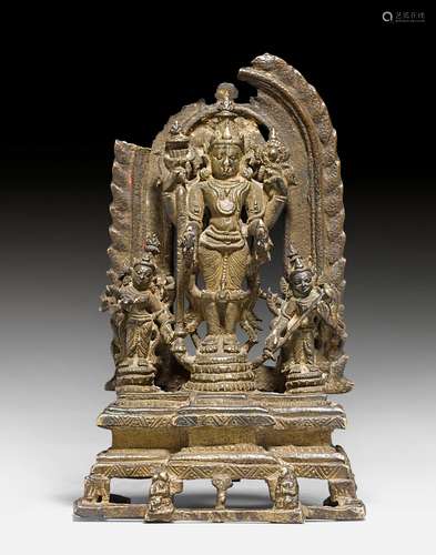 A BRONZE TRIAD OF VISHNU WITH HIS TWO CONSORTS.