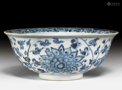 A DEEP BLUE AND WHITE BOWL.