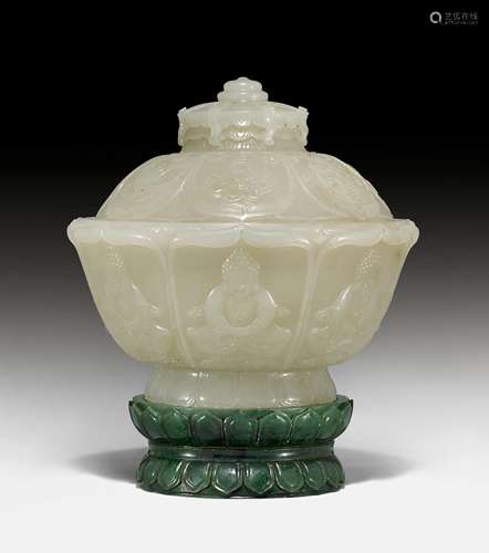 A FINE BOWL AND COVER CARVED WITH BUDDHIST SYMBOLS.