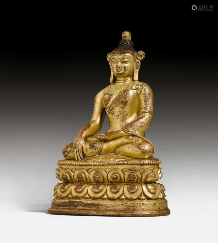 A GILT COPPER ALLOY FIGURE OF BUDDHA SHAKYAMUNI.