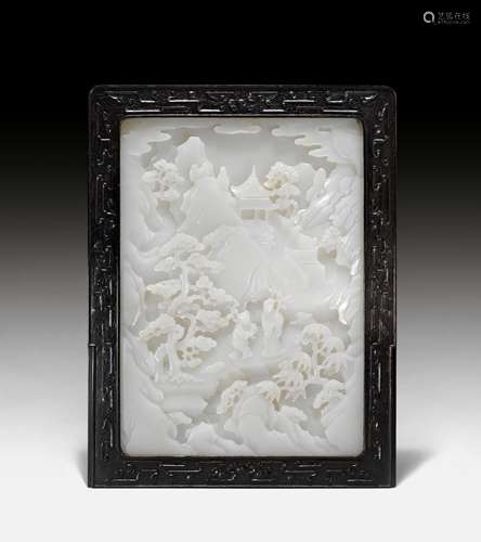 A FINELY CARVED WHITE JADE PLAQUE.