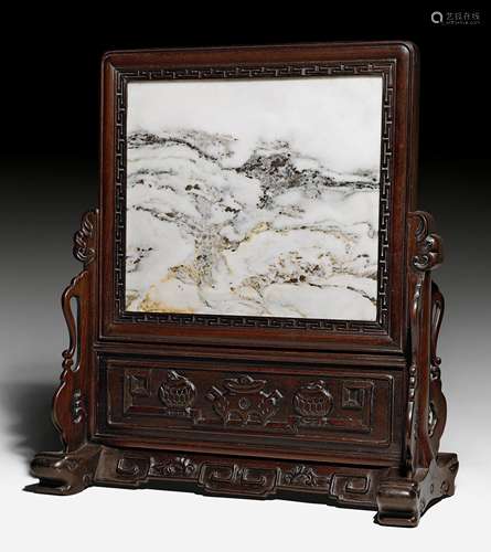 A TABLE SCREEN WITH MARBLE PLAQUE.