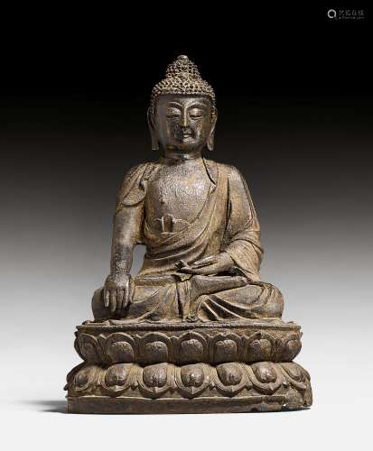 A BRONZE FIGURE OF BUDDHA SHAKYAMUNI.