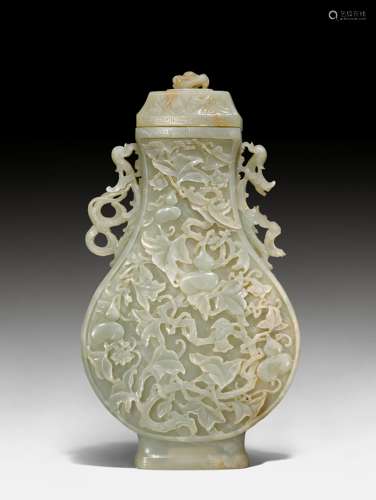 A VASE AND COVER RICHLY CARVED WITH DOUBLE GOURDS.