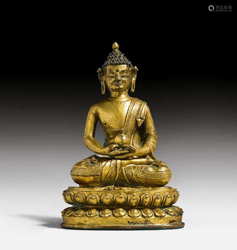 A GILT COPPER ALLOY FIGURE OF BUDDHA SHAKYAMUNI.