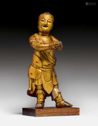 A WOOD FIGURE OF AN ATTENDANT.