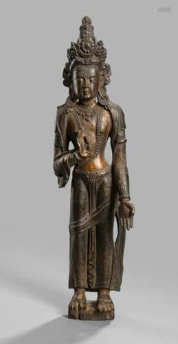 A GILT AND PAINTED HARDWOOD FIGURE OF A BODHISATTVA