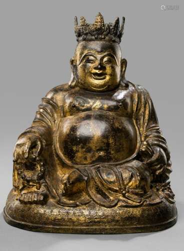A LARGE LACQUER-GILT BRONZE FIGURE OF BUDAI WITH A CROWN