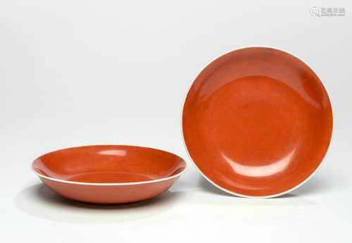 A PAIR OF CORAL-RED GLAZED SAUCERS