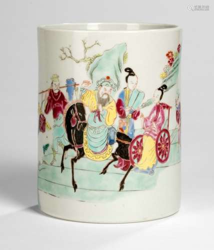 A POLYCHROME DECORATED PORCELAIN BRUSHPOT DEPICTING THE WEDDING MARCH OF ZHONG KUI'S SISTER