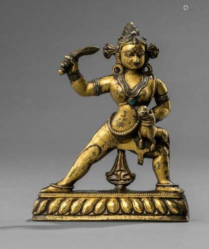 A SILVER-INLAID GILT-BRONZE FIGURE OF A FEMALE DEITY