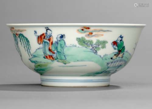 A FINE AND VERY RARE 'DOUCAI' PORCELAIN BOWL DEPICTING SCHOLARS AND SERVANTS