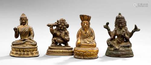 FOUR MINIATURE BRONZE FIGURES OF BUDDHA SHAKYAMUNI AND OTHERS