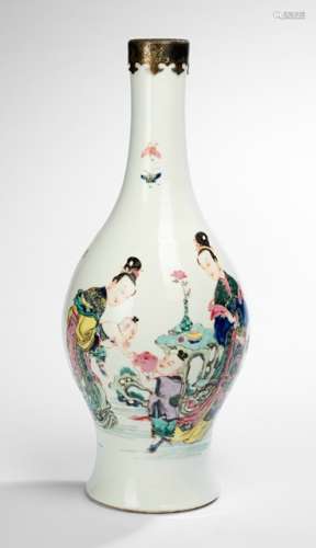 A RARE LARGE POLYCHROME DECORATED LADIES AND BOYS BOTTLE VASE