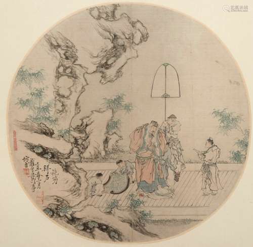 SIGNED GE ZUN, Courtesy visit at a scholar's rock. China, dated 1889. Ink and light colors on silk, fan painting framed under glass. Signed Jichou chun sanyue longzhi ge zun fanggu (Painted in the classical style by Ge Zun, style name Longzhi, alias Xuezhai, during spring time, in the 3rd month of the year jichou [1889]). Three seals: Longzhi fu and others. - Ge Zun (birth and death unclear), was a professional painter for the illustrated Paper Dianzhizhai Huabao (1884-1889) in Shanghai. He was especially skilled at depicting landscapes and figures - Property from a German private collection, acquired between 1990 and 1998 - Two very minor stains, minor wear