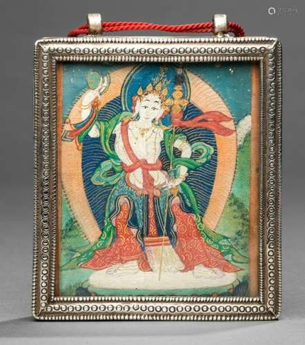 A SILVER AMULET-BOX (GAHU), OUTER MONGOLIA, 19th ct., the silver amulet-box set with a minute painting depicting Macig Ladrön standing in alidhasana on a lotus base, holding damaru and khatvanga, wearing sari and her face displaying a serene expression - Provenance: Property from a German private collection, acquired between 1965 and 1989 - Traces of age