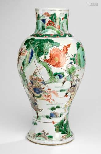 A GOOD FAMILLE VERTE PORCELAIN VASE WITH A WARRIOR SCENE, China, Kangxi period - Property from a South German estate, inherited 1985 from the father of the deceased owner - Small chips or glaze frits to mouth, small chip to stand