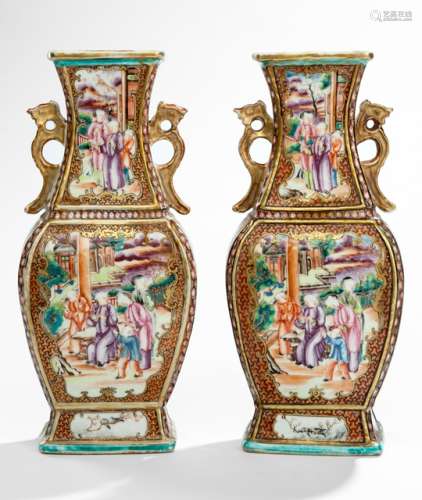 A PAIR OF 'MANDARIN PALETTE' BALUSTER VASES, China, 18th ct., delicately painted to depict courtly scenes as well as landscapes and various birds on trees. Of rectangular shape with sprawling neck, and phoenix handles on both shoulders. - Former property from an Austrian private collection - Cf. a similar pair at Sotheby's N.Y., 18 Oct 2014, Lot 52 - Minor wear