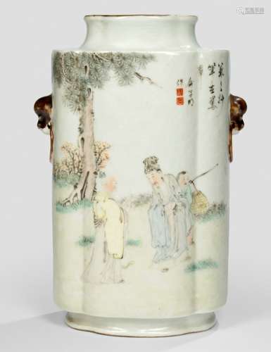 A POLYCHROME DECORATED VASE WITH SCHOLAR'S AND CHICKEN, China, Guangxu mark and period, signed  yu ziming zuo and painted seals ziming shi zuo, the reverse sign. fang ouxiangguan huafa xie yu changjiang - Property from an old Italian private collection, assembled prior 1990 - Minor wear