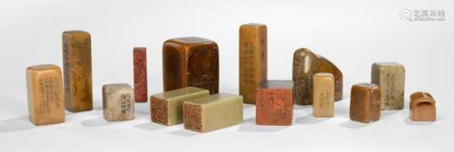 A GROUP OF 14 STONE SEALS, China, some signed, 19th ct. and later - Property from a South German private collection, assembled in the 1990s - Some slightly chipped or scratched