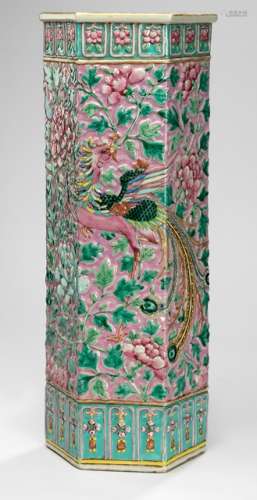 A TALL HEXAGONAL 'FAMILLE ROSE' PHOENIX VASE, China, Guangxu period - Property from a Dutch private collection, acquired before 1990 - Minor wear