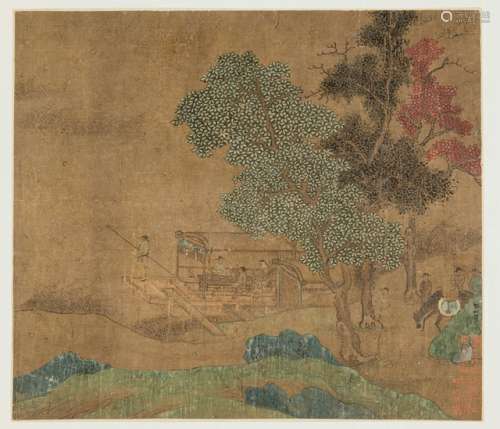 IN THE STYLE OF LIU SONGNIAN (1155-1218), China, Qing dynasty, gathering of Scholars by the River. Album leaf, ink and light colors on silk. Serene landscape scene depicting the bank of a river with tall trees and gentle rocks. Two scholars are gathering in a pavilion-like boat, attended by various servants. From the right, a third scholar is approaching with a horse and his entourage. Signed on the lower right side Liu Songnian. Two collector seals in the lower right corner. - Former property from an Austrian private collection - Traces of age, minor wear and losses in the material, small rest.