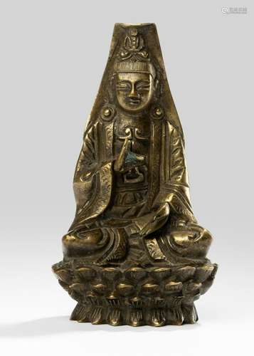 A BRONZE OF SEATED GUANYIN, China, ca. 18th ct. - Property from an old German private collection, assemled in the 1970'ies and 80'ies - Scroll lost, wear