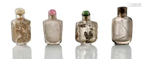 A GROUP OF FOUR ROCK CRYSTAL SNUFFBOTTLES WITH FINE RELIEF CARVING OF BIRDS AND FLOWERS, China, 19th ct. - Rectangular bottles with rounded corners, the relief carving partly highlighted - From the collection of a member of the Family Baron von Goldschmidt-Rothschild, formerly Palais Grüneburg, Frankfurt on the Main - Few small chips to foot rims and necks