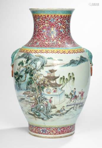 A LARGE 'FAMILLE ROSE' SHOULDER VASE WITH HOME COMING SCENE, China, Qianlong six-character mark, Guangxu/Republic period - Property from a South German private collection, assembled in the 1990s - Very minor glaze chips to the handles, minor wear