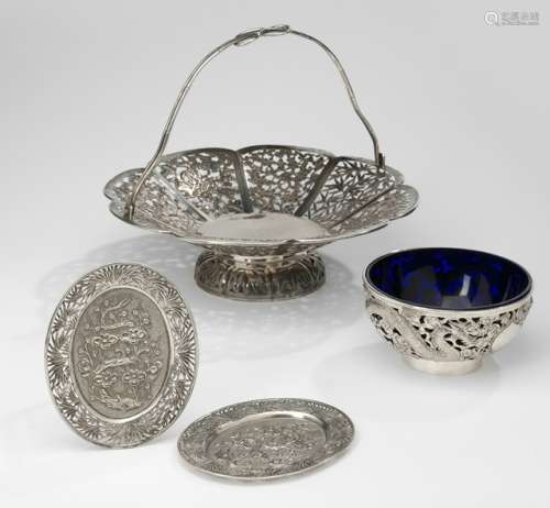 A SILVER HANDLED BASKET, A DRAGON BOWL WITH GLASS INSET AND TWO TRAYS, China, marked, late Qing dynasty - Property from an old German industrialist collection, assembled between 1950 and 1990 - Traces of use