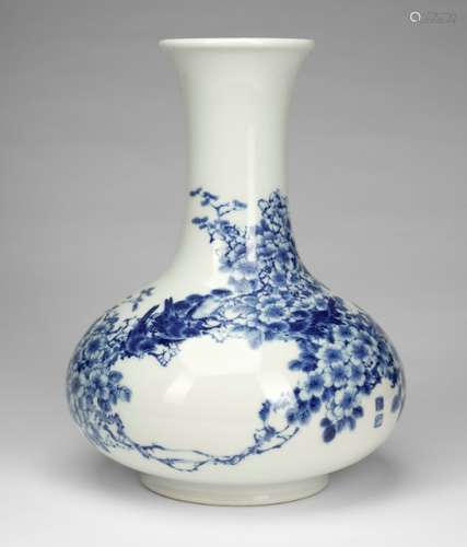 A VERY FINE BLUE AND WHITE PORCELAIN VASE WITH PRUNUS AND BIRDS, China, two seals zhuxi and wang bu, seal mark to base yuan wen wuguo zhi zhai - Property from an Austrian private collection, bought prior 1990 - Wang Bu (1895-1968), born in the Jiangxi provence, is also known by the names of Zhuxi, Zhuxi Daoren, Renyuan, Taoqing Laoren, and by his studio name of Yuan Wen Wu Guo zhi Zhai. At a young age, he joined the Hexing Ci Zhuang in Jingdezhen and began learning porcelain painting techniques in underglaze blue and white. His innovative skill of using Chinese brush drawing on blue and white porcelain earned him the title of 'Master of Blue and White' of modern Chinese porcelain painting - Good condition