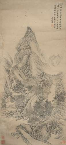 IN THE STYLE OF WU LI (1632-1718), Ink Landscape with Village by the River, China, 18th/19th ct., mounting cut away, 87 x 41,5 cm, ink on paper. Poetic inscription by the artist with signature: 