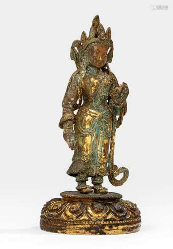 A GILT-BRONZE FIGURE OF A BODHISATTVA, Tibeto-Chinese, 18th ct.- Property from an old European private collection, assembled prior 1990 - Partly corroded, very slightly chipped