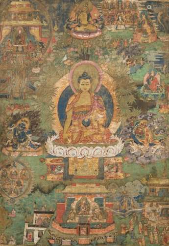 A THANGKA WITH SCENES OF THE LIFE OF PADMASAMBHAVA, Tibet or Bhutan, early 18th ct. - Property from a Dutch private collection - Wear, very minor damages due to age, mounted