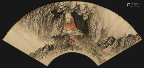A FAN PAINTING OF A SEATED LOUHAN IN A GROTTO, China, seals, late Qing/early Republic period, framed under glass - Property from an old Italian private collection, assembled prior 1990 - Very minor traces of age