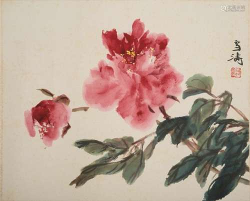 WANG XUETAO (1903-1982), Red Peony; China, 20th ct., silk Mounting, 34,1 x 42 cm, ink and colors on paper. Signature by the artist: 