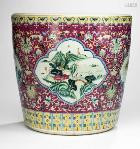 A LARGE 'FAMILLE ROSE' CACHEPOT WITH LANDSCAPE DECOR IN LOBED CARTOUCHES, China, Republic period - Property from a Dutch private collection, acquired before 1990 - Minor chip to the footrim, minor wear