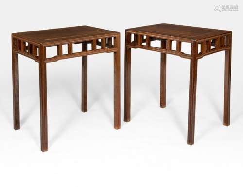 A PAIR OF TIELIMU TABLES, China, 18th/19th ct. The rectangular panel set within a frame with rounded edges, on four straight legs. The apron with five inner frames forming four additional vertical stretchers. - Property from an Austrian private collection, acquired between 1983 and 1991 - Traces of age, minor age cracks, panel slightly shrunk, very minor nicks